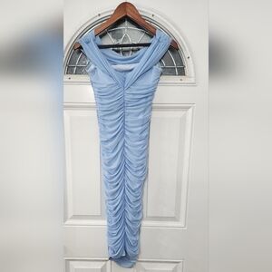 Ready and Ruched Mesh Midi Dress - Blue